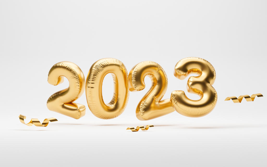 2023 golden balloon on white background for for preparation happy new year merry christmas and start new business concept by realistic 3d render